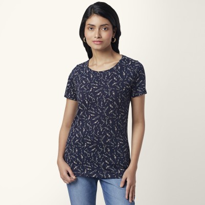 Honey By Pantaloons Printed Women Round Neck Dark Blue T-Shirt