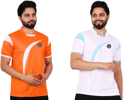 La Milano Colorblock Men Mandarin Collar White, Orange T-Shirt