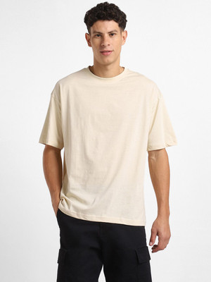 NOBERO Solid Men Round Neck Beige T-Shirt