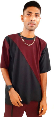 ManoBro Colorblock Men Round Neck Black T-Shirt