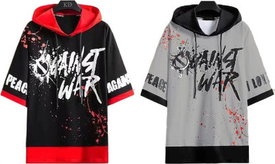 Bhadawar creations Printed Men Hooded Neck Red, Grey T-Shirt