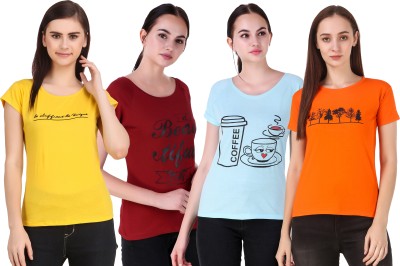 NIVIK Printed Women Round Neck Orange, Light Blue, Maroon, Yellow T-Shirt