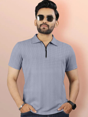 MENTIFIC Solid Men Polo Neck Grey T-Shirt