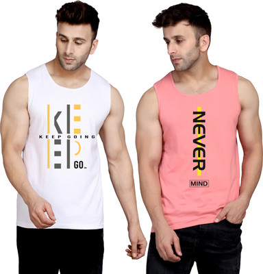 SLOWLORIS Printed Men Round Neck White, Pink T-Shirt