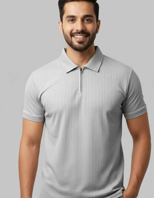 rudhar Self Design Men Zip Neck Reversible Grey T-Shirt
