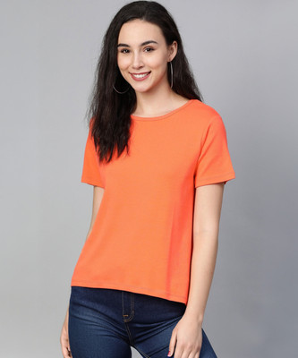 Mast & Harbour Solid Women Round Neck Orange T-Shirt