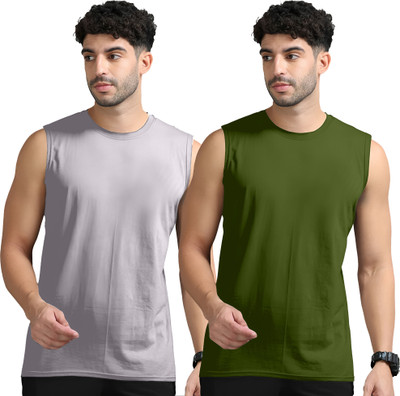 Moordale Solid Men Round Neck Grey, Dark Green T-Shirt