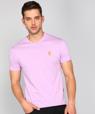 GIORDANO Solid Men V Neck Purple T-Shirt