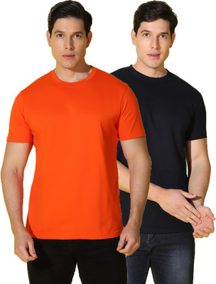 WOOSTRO Solid Men Round Neck Black, Orange T-Shirt