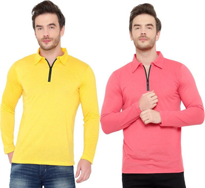 JB Jagoboy Solid Men Polo Neck Pink, Yellow T-Shirt
