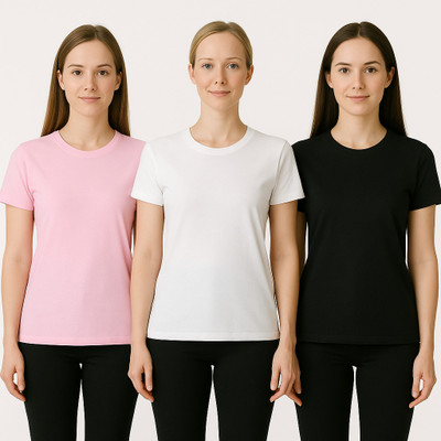 ARMERSOUL Solid Women Round Neck White, Pink, Black T-Shirt