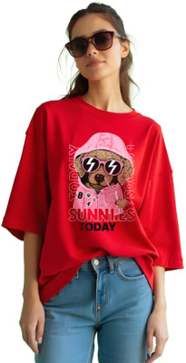 Knite wolf Printed Women Round Neck Red T-Shirt