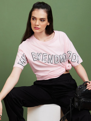 Globus Typography Women Round Neck Pink T-Shirt