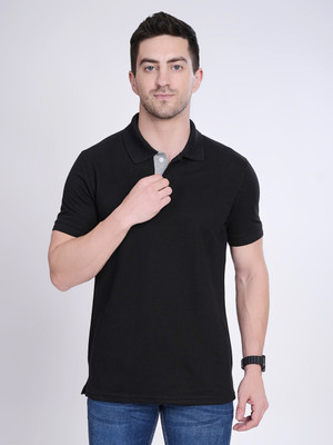 flora shine Solid Men Polo Neck Black T-Shirt