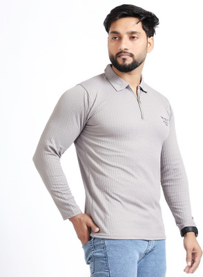 Diamond Fashion Solid Men Zip Neck Silver T-Shirt