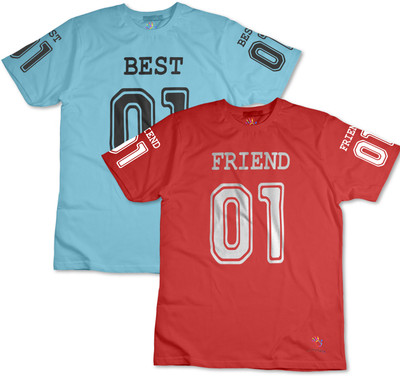 THE PRINT PLATTER Typography Couple Round Neck Light Blue, Red T-Shirt