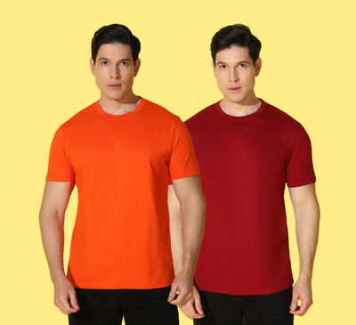 WOOSTRO Solid Men Round Neck Orange, Maroon T-Shirt