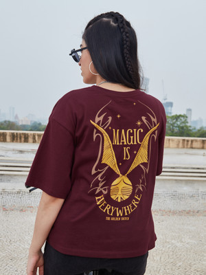 The Souled Store Printed Women Round Neck Maroon T-Shirt