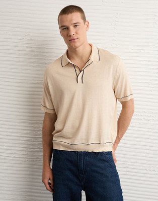American Eagle Solid Men Polo Neck Beige T-Shirt