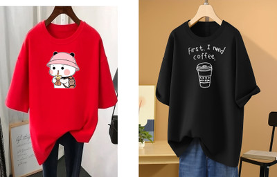 RAPTUROUS Printed Women Round Neck Red, Black T-Shirt