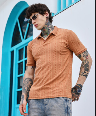 CAMPUS SUTRA Striped Men Polo Neck Orange T-Shirt