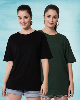 FUNDAY FASHION Solid Women Boat Neck Black, Dark Green T-Shirt
