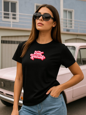 JUNEBERRY Printed Women Round Neck Black T-Shirt