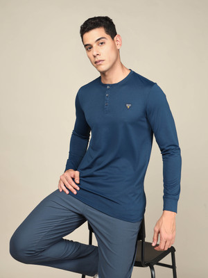 TECHNOSPORT Solid Men Henley Neck Navy Blue T-Shirt