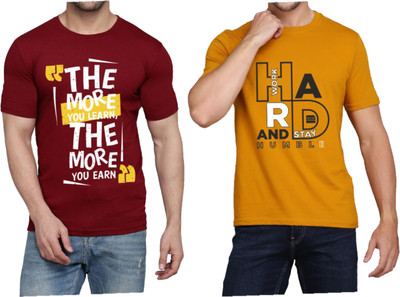 WOOSTRO Printed Men Round Neck Maroon, Brown T-Shirt