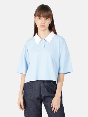 Bene Kleed Solid Women Polo Neck Blue T-Shirt