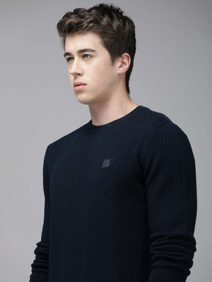 THE BEAR HOUSE Self Design Men Round Neck Navy Blue T-Shirt