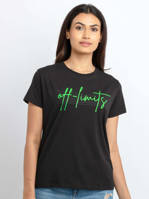 Status Quo Printed Women Round Neck Black T-Shirt