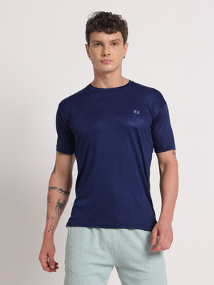 Trackbird Solid Men Round Neck Blue T-Shirt
