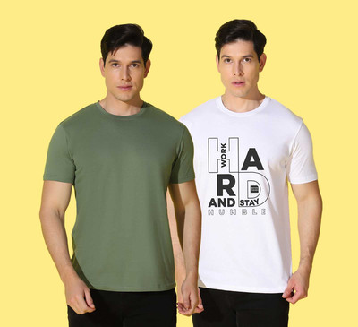 WOOSTRO Solid, Printed Men Round Neck Dark Green, White T-Shirt