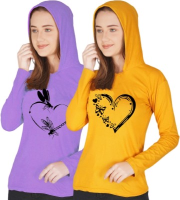 Kintu Parantu Printed Women Hooded Neck Purple, Yellow T-Shirt