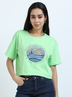 Snap and Spark Printed Women Round Neck Green T-Shirt