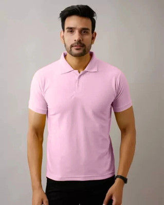 Lakshya Fashions Solid Men Polo Neck Pink T-Shirt
