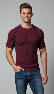 TeeWink Self Design Men Round Neck Maroon T-Shirt