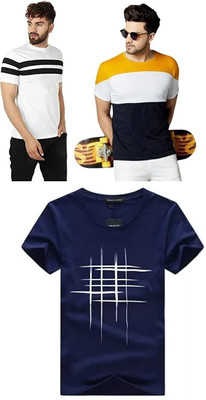 ATTITUDE START OF FASHION Printed Men Round Neck Multicolor, White, Blue T-Shirt