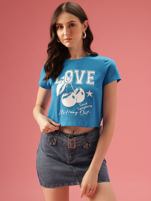Dressberry Printed Women Round Neck Blue T-Shirt