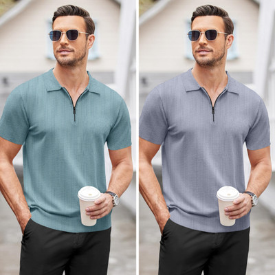 NTIFIC Solid Men Polo Neck Light Blue, Grey T-Shirt