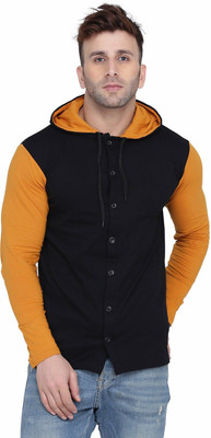 Trendfull Solid Men Hooded Neck Black, Gold T-Shirt