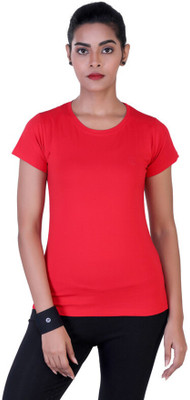 Laasa Sports Solid Women Round Neck Red T-Shirt