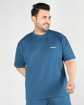 CHKOKKO Solid Men Round Neck Blue T-Shirt