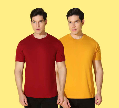 WOOSTRO Solid, Printed Men Round Neck Maroon, Yellow T-Shirt