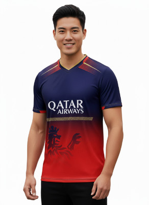 Smv Printed Men V Neck Red, Blue T-Shirt