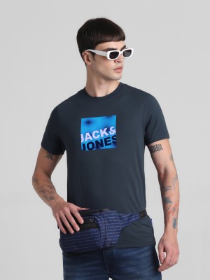 JACK & JONES Printed, Typography Men Round Neck Dark Blue T-Shirt