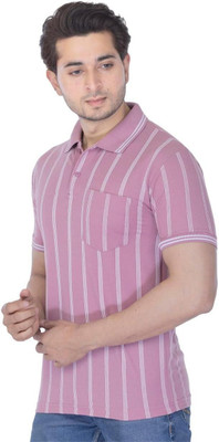 FAOES Striped Men Polo Neck Pink T-Shirt