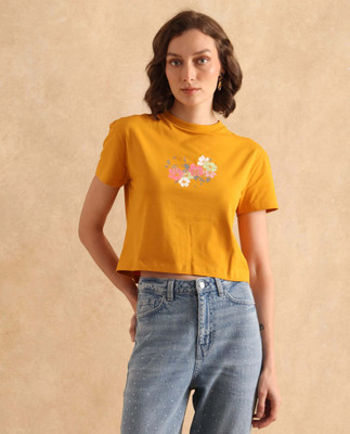 RAREISM Graphic Print Women Crew Neck Yellow T-Shirt
