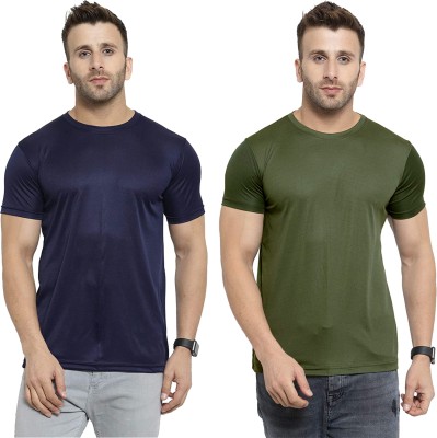 Think Tech Solid Men Round Neck Dark Blue, Dark Green T-Shirt